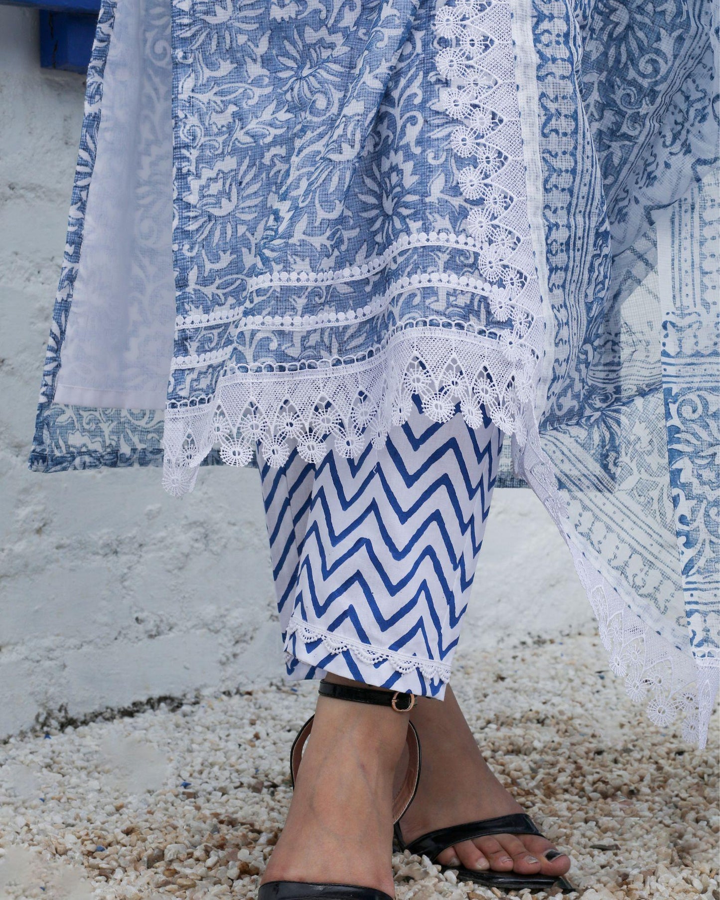 Kota Doria Cotton Suit (Top+Bottom+Dupatta) Blue Color Handblock print with Stitch embroidery work - IndieHaat