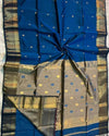 Maheshwari Silk Saree Navy Blue Color Handloom Handwoven Zari Border with flower Buti work pallu and contrast blouse - IndieHaat
