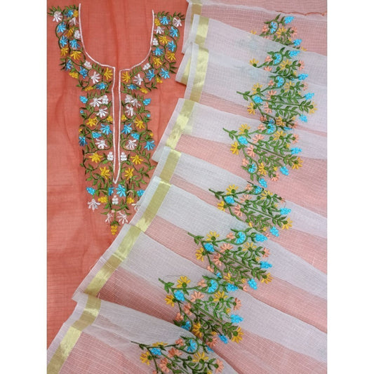 Kota Doria Peach Suit Material 2 Piece Embroidered (Only Top and Dupatta)-Indiehaat