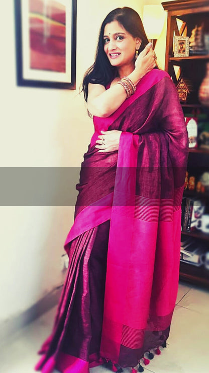 2344-Handwoven Pure Linen Saree Purple Color with Blouse