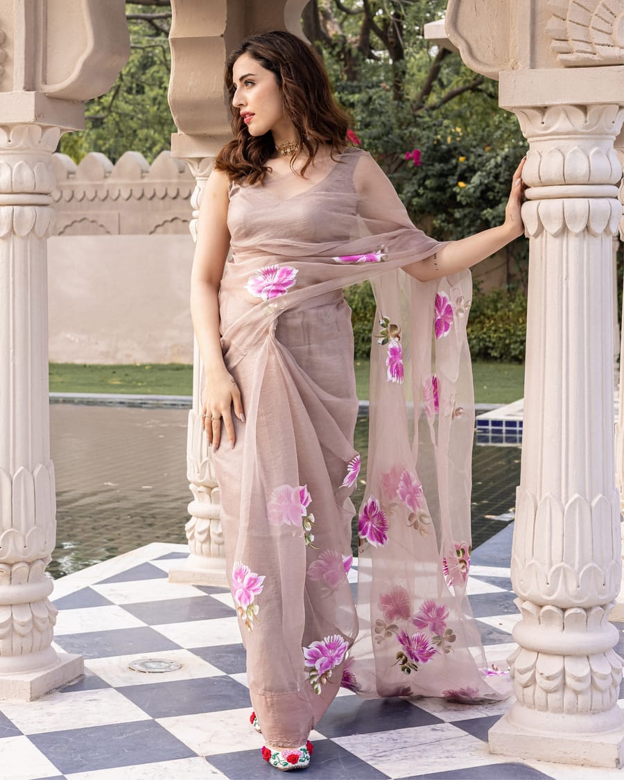 Organza Silk Saree Pale Pink Color Hand Painted with running blouse - IndieHaat