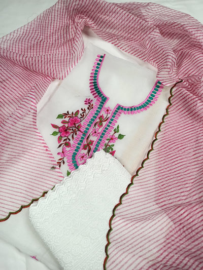 Kota Doria Embroidery White Suit Material with Leheriya Pink Dupatta and Chikenkari Bottom-Indiehaat
