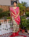 Kashmiri Modal Silk Saree Beige Color with Rani Pink Pallu and blouse - IndieHaat