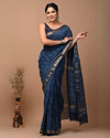 Maheshwari Silk Saree blue Handblock Printed With running blouse (Silk by Silk)