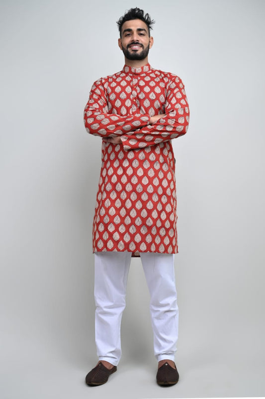 Cotton Designer Men'S Kurta Bagru Printed Hand Printed Mahogany Red Colour (Size: 38-44)-Indiehaat