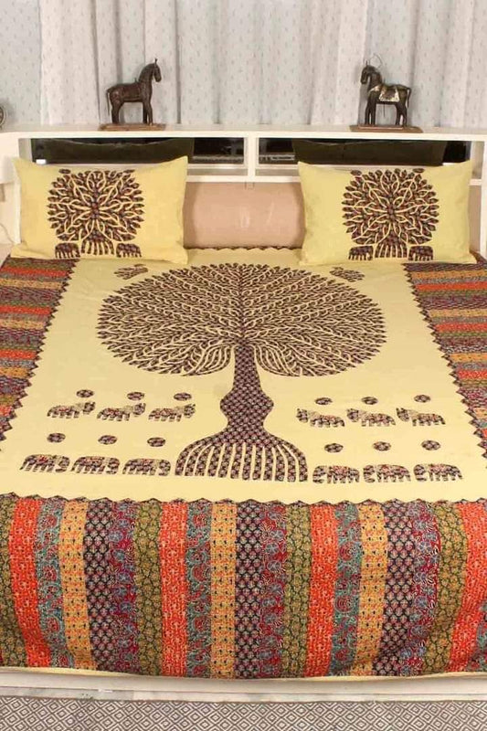 Chamois Yellow Color Cotton Bed Cover Tree of Life Azrak patch work kanta work applique work Size: 90 Inch x 108 Inch-Indiehaat