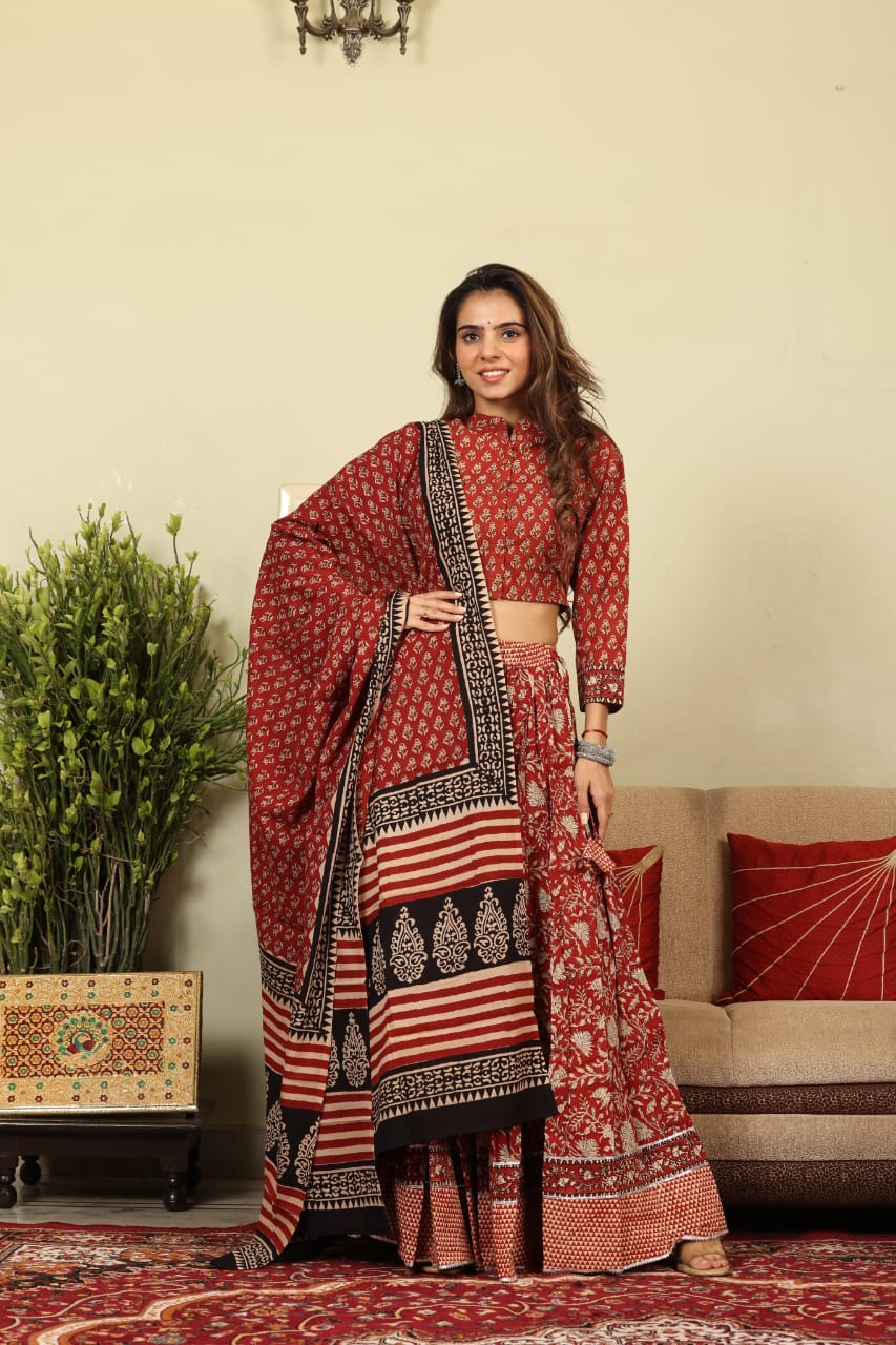Handblock Printed Cotton Lehanga And Top With Mulmul Dupatta (Size: 34-46) Red Color-Indiehaat