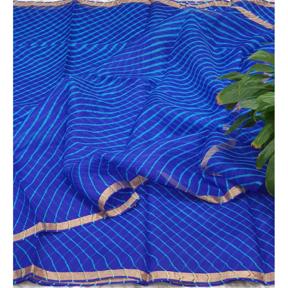 Pure Silk Kota Doria Blue Saree with blouse Handcrafted-Indiehaat