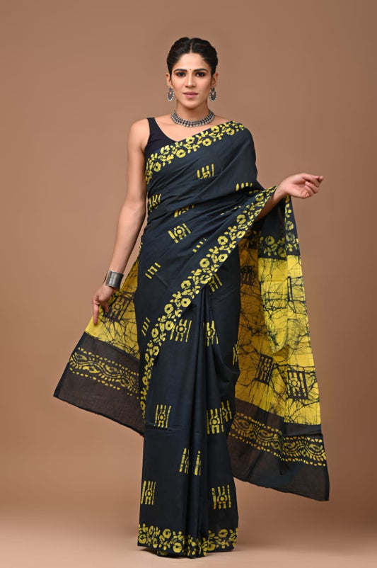 Mulmul Cotton Saree Black Color Handblock Printed with running blouse - IndieHaat