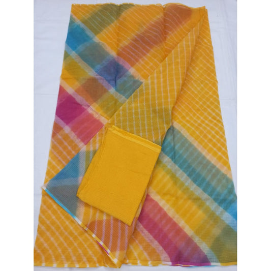 Cotton Kota Doria Yellow Saree with blouse Handcrafted-Indiehaat