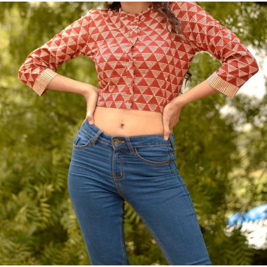 Crop Top Stitched Blouse Red and Cream Pure Cotton Bagru Handblock Printed-Indiehaat