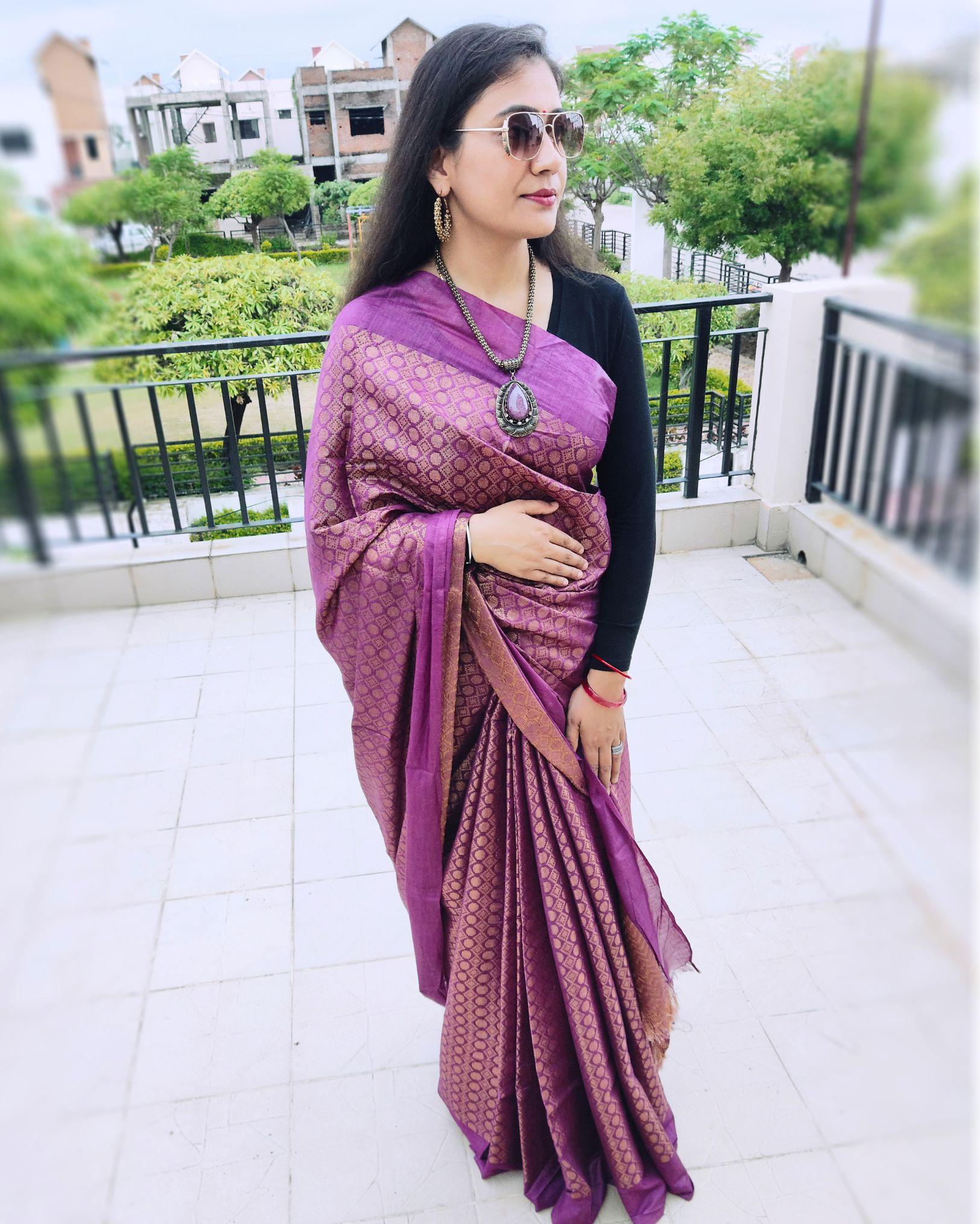 IndieHaat | Katan Silk Purple Saree Jaquard Weaving Running Blouse