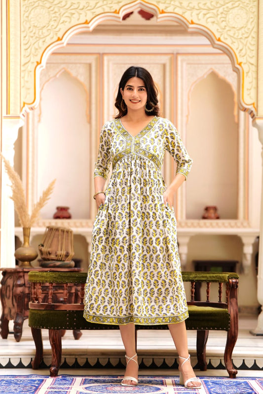 Pure Cotton Beige Color Handblock Printed Naira Cut V Neck Dress (Size: 36-46) - IndieHaat