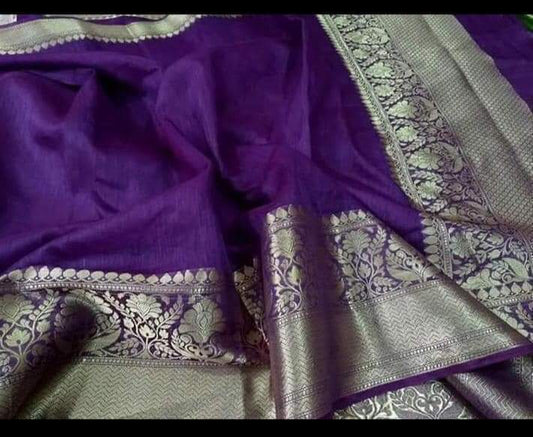Silk Linen Banarasi Brocade Weaving Handloom Purple Saree with Blouse-Indiehaat