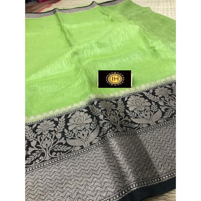 Silk Linen Banarasi Brocade Weaving Handloom Green Saree with Blouse-Indiehaat