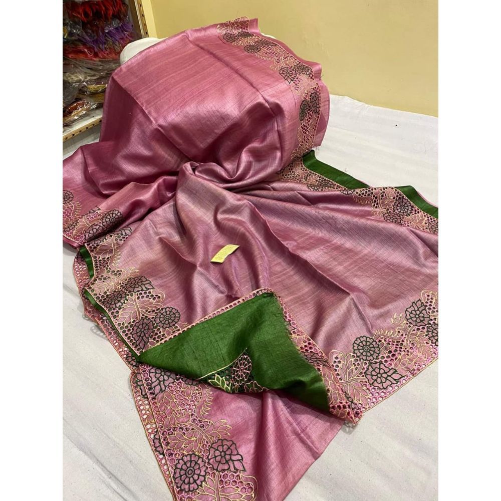 Silkmark Certified Pure Tussar Hand Cutwork Pink Saree with Contrast Blouse-Indiehaat