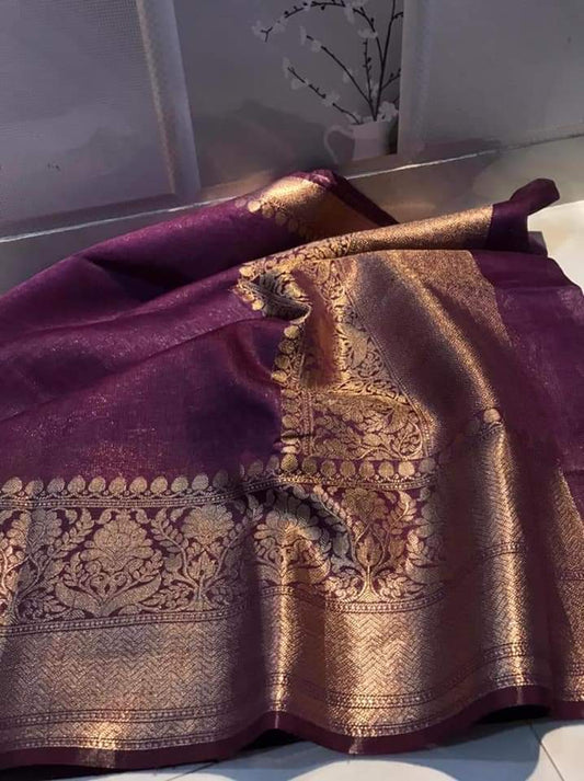 Silk Linen Banarasi Brocade Weaving Handloom Saree American Purple Color with Blouse-Indiehaat