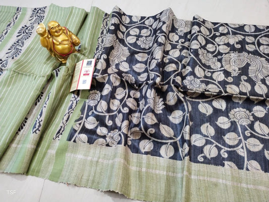 Silkmark Certified Tussar Silk Handloom Handblock Printed Blue and Green Saree with Blouse-Indiehaat