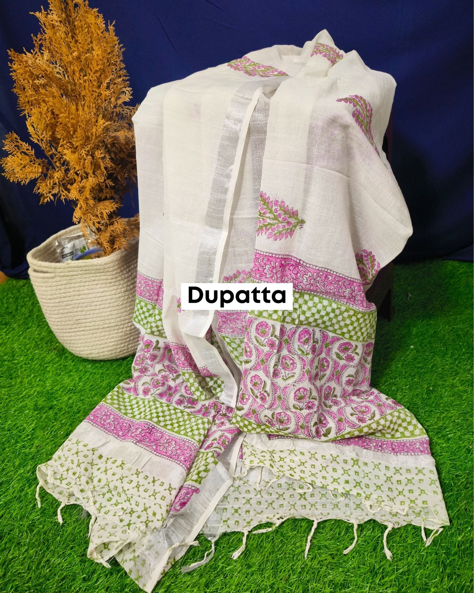 Linen Suit Set Off White Color with Cotton Bottom, Linen Top and Dupatta Handblock Printed - IndieHaat