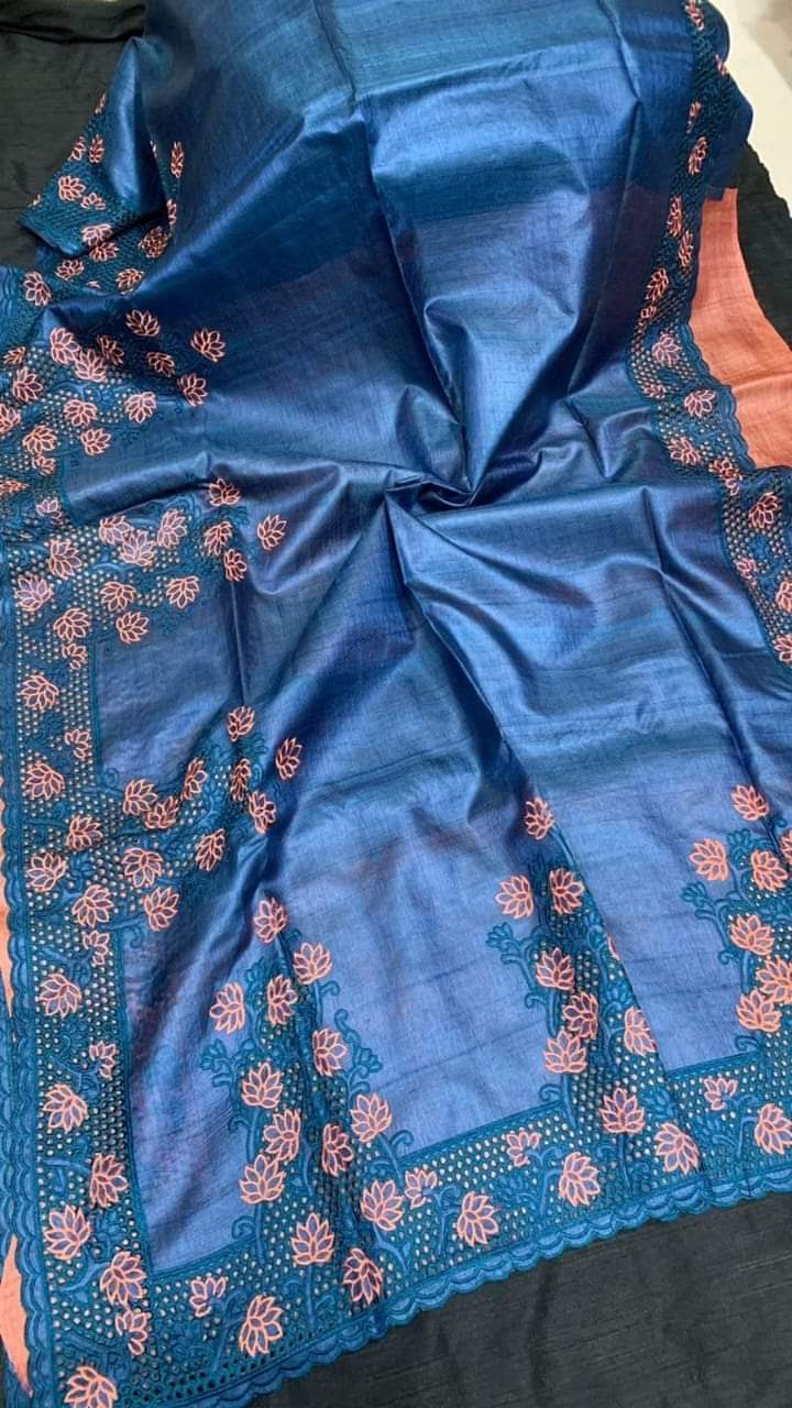 Silkmark Certified Pure Tussar Hand Cutwork Blue Color Saree (Tussar by Tussar Fabric) - IndieHaat