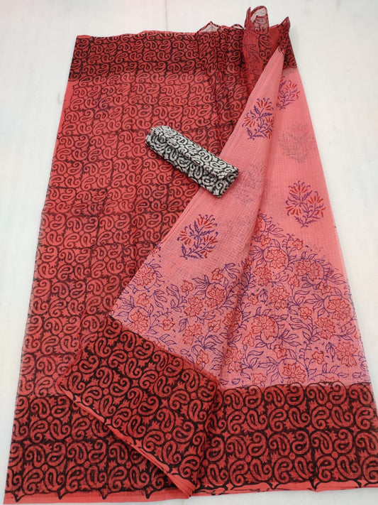 Kota Doria Handblock Printed Red Saree with blouse-Indiehaat