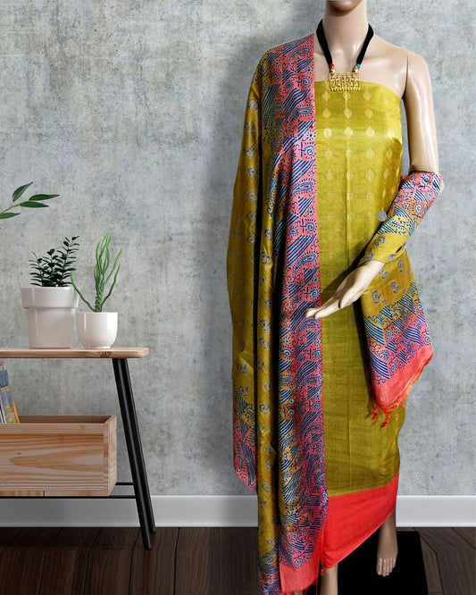 Katan Silk Suit Piece Gold Yellow Color with Printed Dupatta - IndieHaat