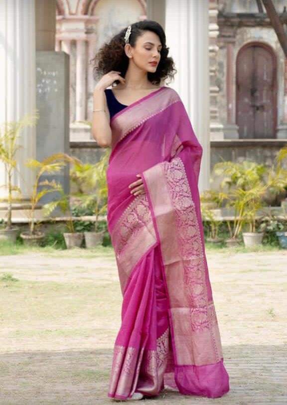 Silk Linen Weaving Design Jacquard Handloom Saree with Running Blouse