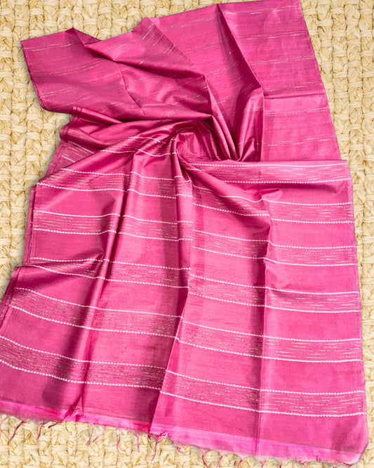 Pure Kota Silk Weaving Saree Rose Pink Color with Dupion Strip and running blouse - IndieHaat