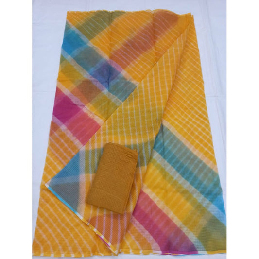 Cotton Kota Doria Yellow Saree with blouse Handcrafted-Indiehaat