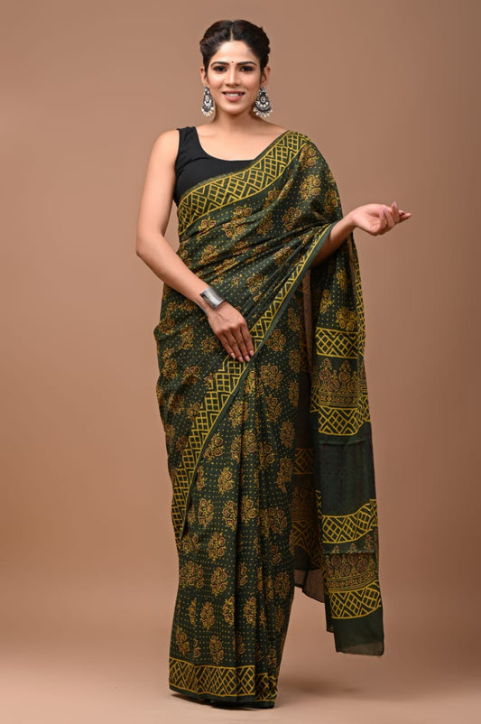 Mulmul Cotton Saree Dark Green Color Handblock Printed with running blouse - IndieHaat