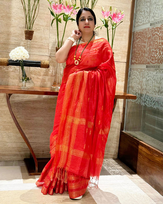 Kota Staple Silk Saree Red Color Madhubani print with running blouse - IndieHaat