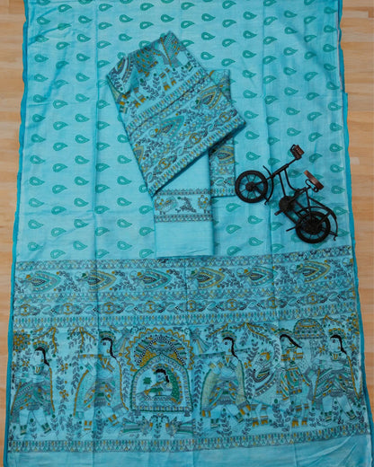 Katan Silk Suit Turquoise Blue Color Madhubani Print - IndieHaat