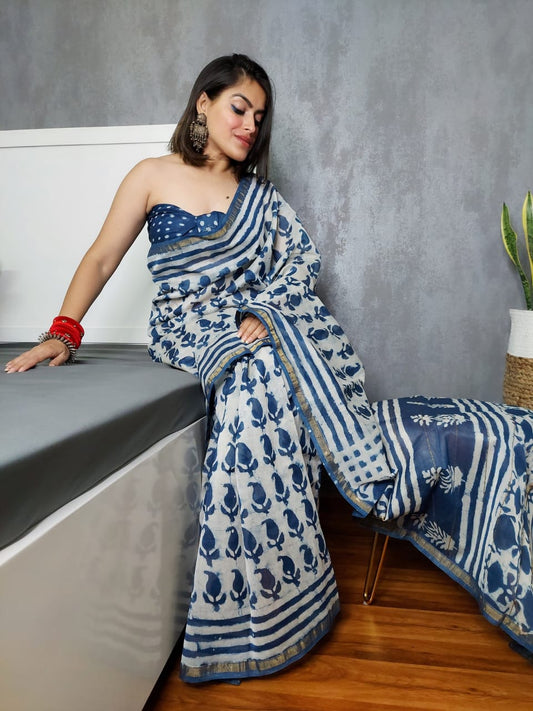 Chanderi Silk Saree Hanblock Print Grey 14% Off - IndieHaat