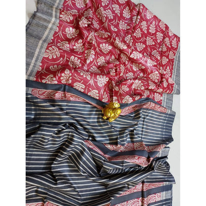 Silkmark Certifiied Tussar Silk Handloom handblock printed Saree with Blouse