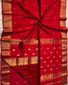 Maheshwari Silk Saree Crimson Red Color Handloom Handwoven Zari Border with flower Buti work pallu and contrast blouse - IndieHaat