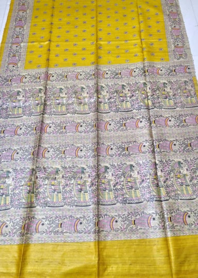 Silkmark Certified Tussar Silk Handloom Handblock Printed Yellow Saree with Blouse-Indiehaat