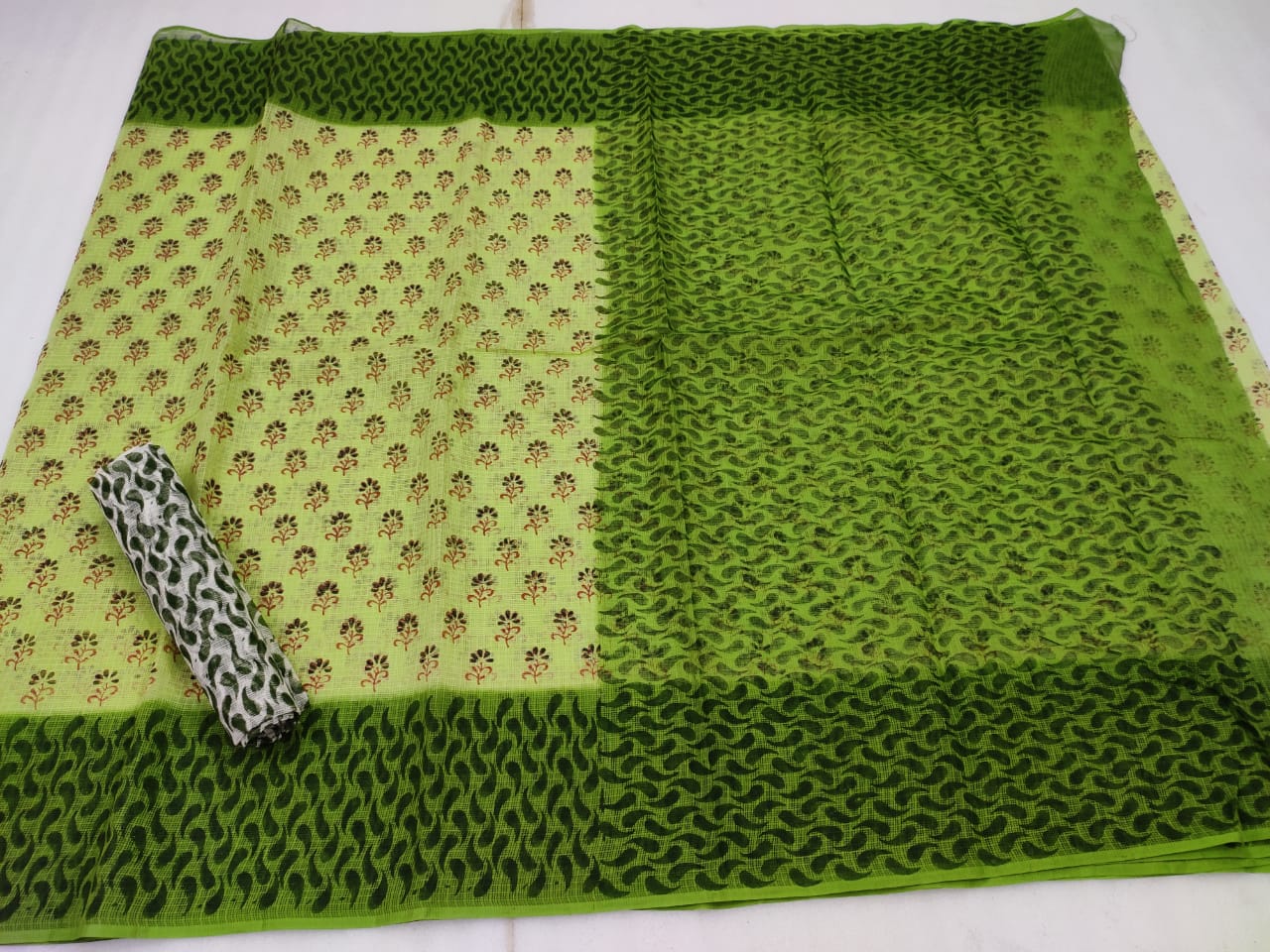 Kota Doria Handblock Printed Green Saree with blouse-Indiehaat