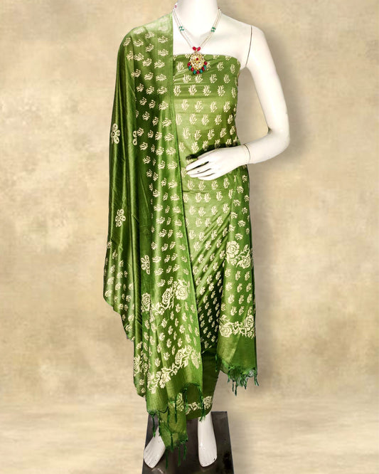 Katan Silk Suits Leaf Green Color Handblock Printed - IndieHaat 