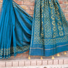 Chanderi Silk Blue Saree Hand Applique Work with running blouse-Indiehaat