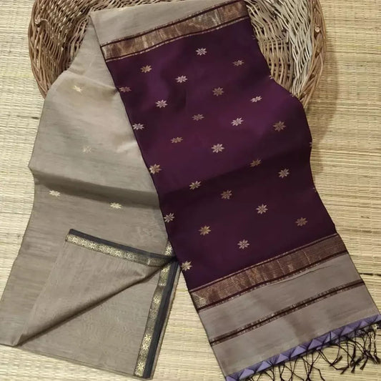 Maheshwari Silk Saree Butta Body Pale Brown Color with golden zari weaving border and running blouse (Butta Design) - IndieHaat