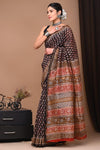 Pure Chanderi Silk  Black Saree Handblock Printed with running blouse