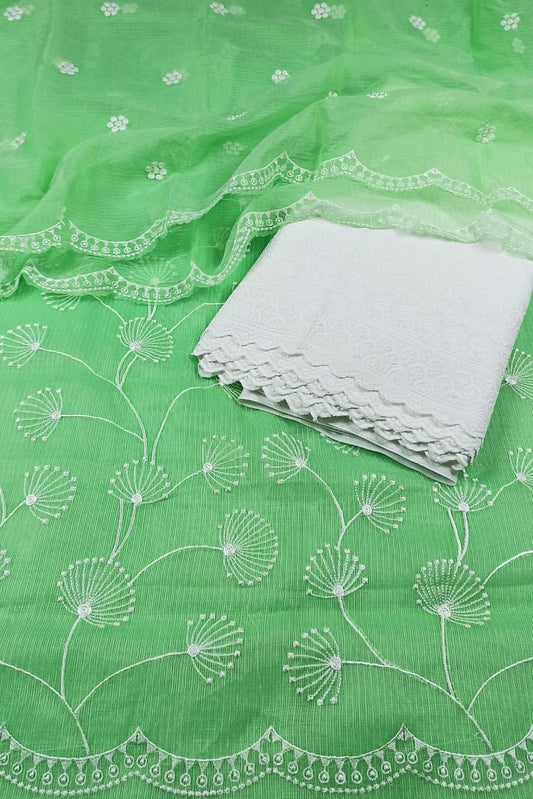 Kota Doria Embroidery Green Suit Material with Matching Dupatta and Chikenkari White Bottom-Indiehaat