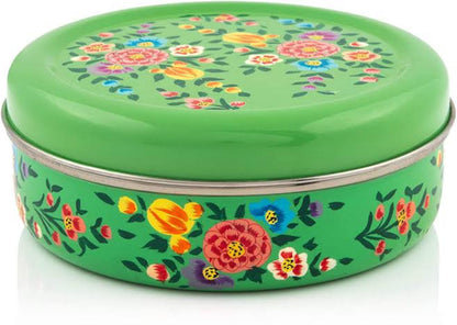 Rajasthani Handpainted Stainless Steel Masala Box Green Colour