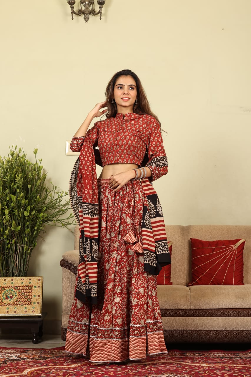 Handblock Printed Cotton Lehanga And Top With Mulmul Dupatta (Size: 34-46) Red Color-Indiehaat