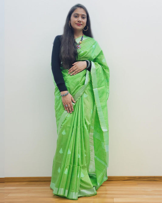 IndieHaat | Katan Silk Green Saree Jaquard Weaving Running Blouse