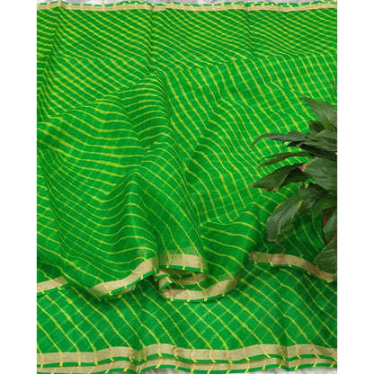 Pure Silk Kota Doria Green Saree with blouse Handcrafted-Indiehaat