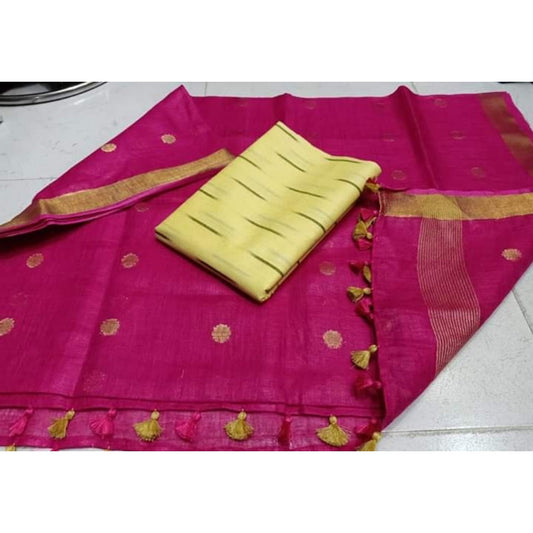 Pure Linen Pink Dupatta With Yellow Ikkat Kurti Material-Indiehaat