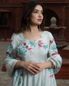 Organza Stitched Suit Gray Color Hand painted - IndieHaat