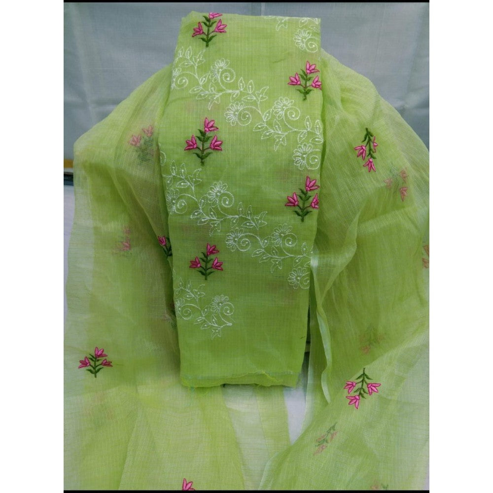 Kota Doria Green Suit Material 2 Piece Embroidered (Only Top and Dupatta)-Indiehaat
