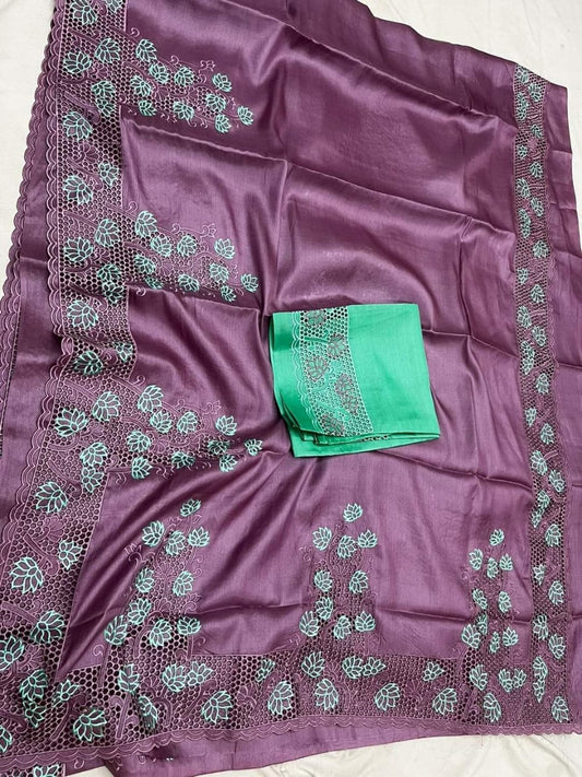 Silkmark Certified Pure Tussar Hand Cutwork Violet Color Saree (Tussar by Tussar Fabric) - IndieHaat